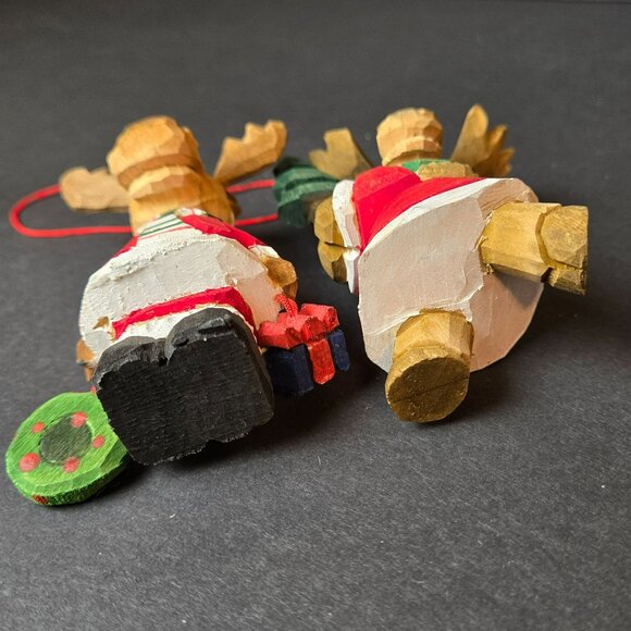 Hand Carved Wooden Moose Ornaments Christmas Santa Red Coat Scandinavian 4" Pair - Picture 6 of 8